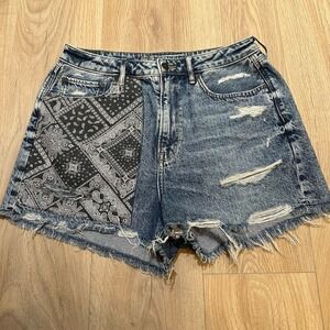 American Eagle Sz 14 Highest Rise Boyfriend Denim Short Patchwork bandana 90's
